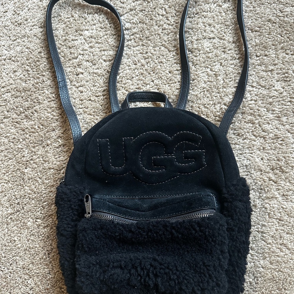 UGG Black Shearling Backpack with Plush Pocket
